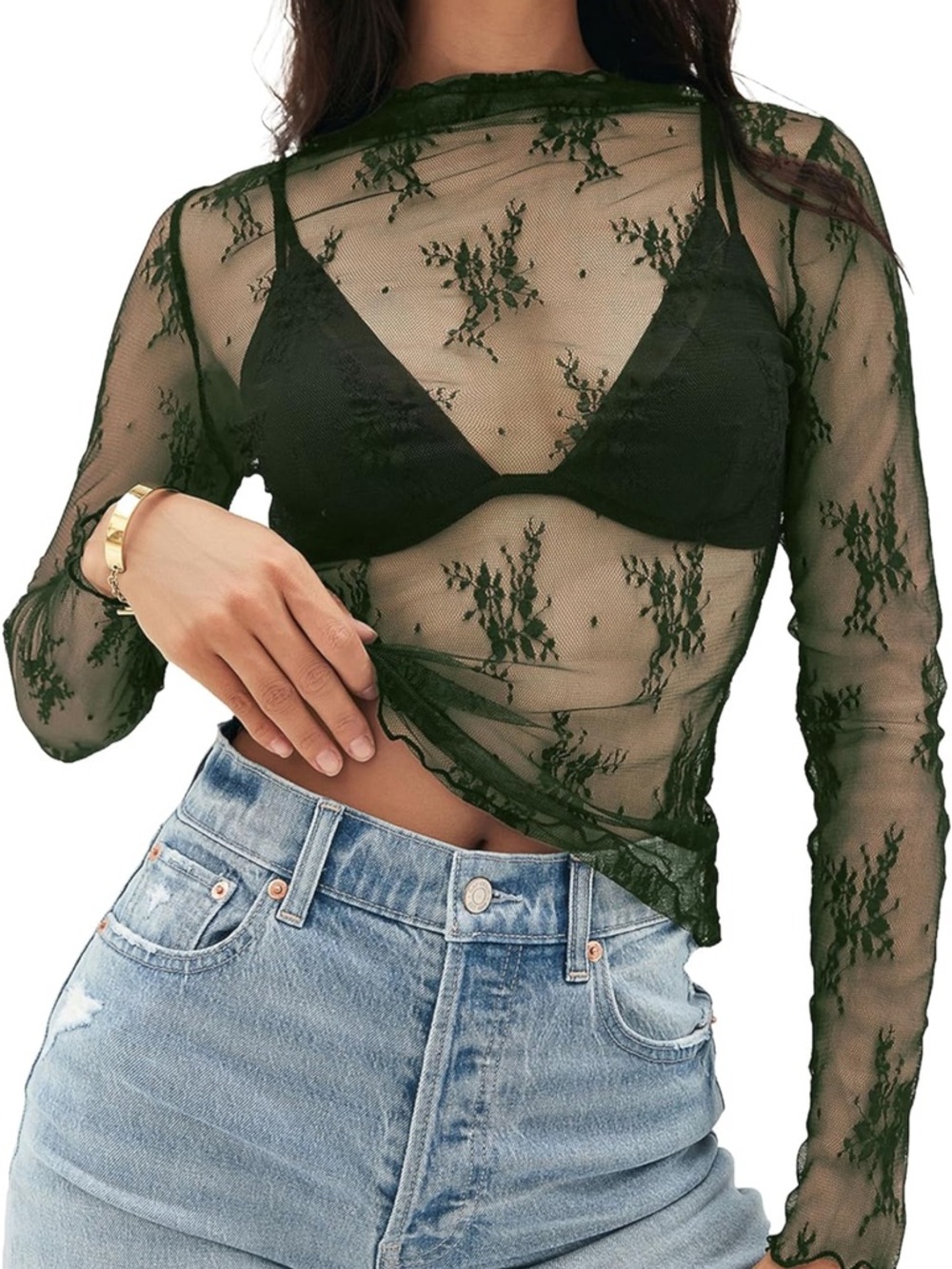 🌷 Sheer Floral Lace Long Sleeve Top — Dark Green
